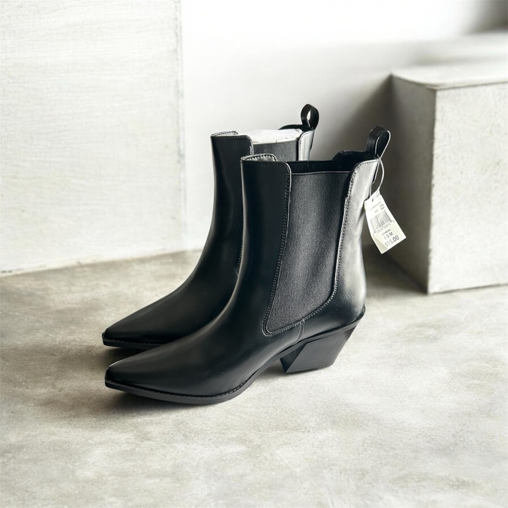 Pointed Black Leather Chelsea Booties with Low Block Heel